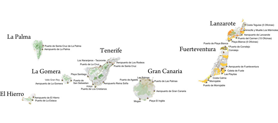 Autovermietung Büros in Kanarischen Inseln, Teneriffa, Lanzarote, Fuerteventura, Gran Canaria...